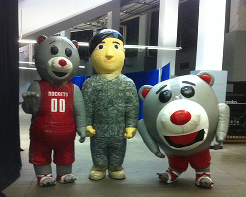 HOUSTON ROCKETS INFLTABLE MASCOTS WITH A MILITARY MASCOT